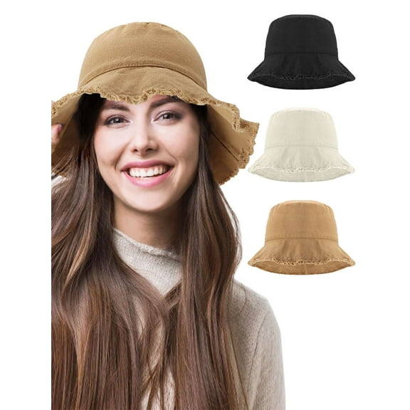 Deago Sun Hats for Women Summer Casual Wide Brim Cotton Bucket Hat Beach Vacation Travel Accessories (Khaki)