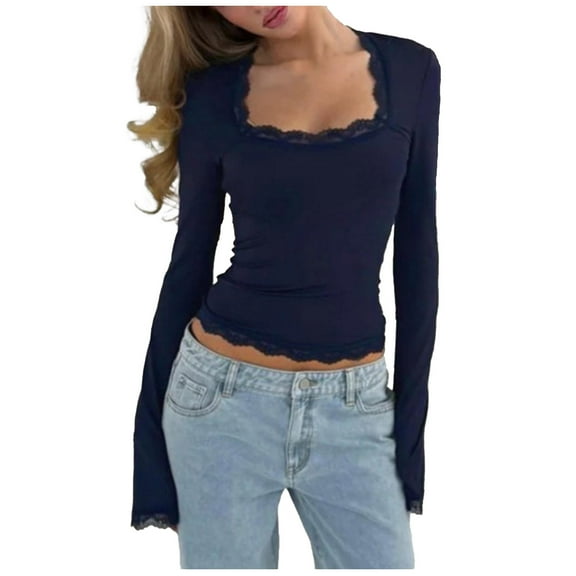 HAPIMO Womens Y2k Bell Long Sleeve Crop Tops Lace Trim Square Neck Shirt Slim Fit Stretchy Tops Going Out Top Fashion Trendy Casual Blouses Dark Blue XL