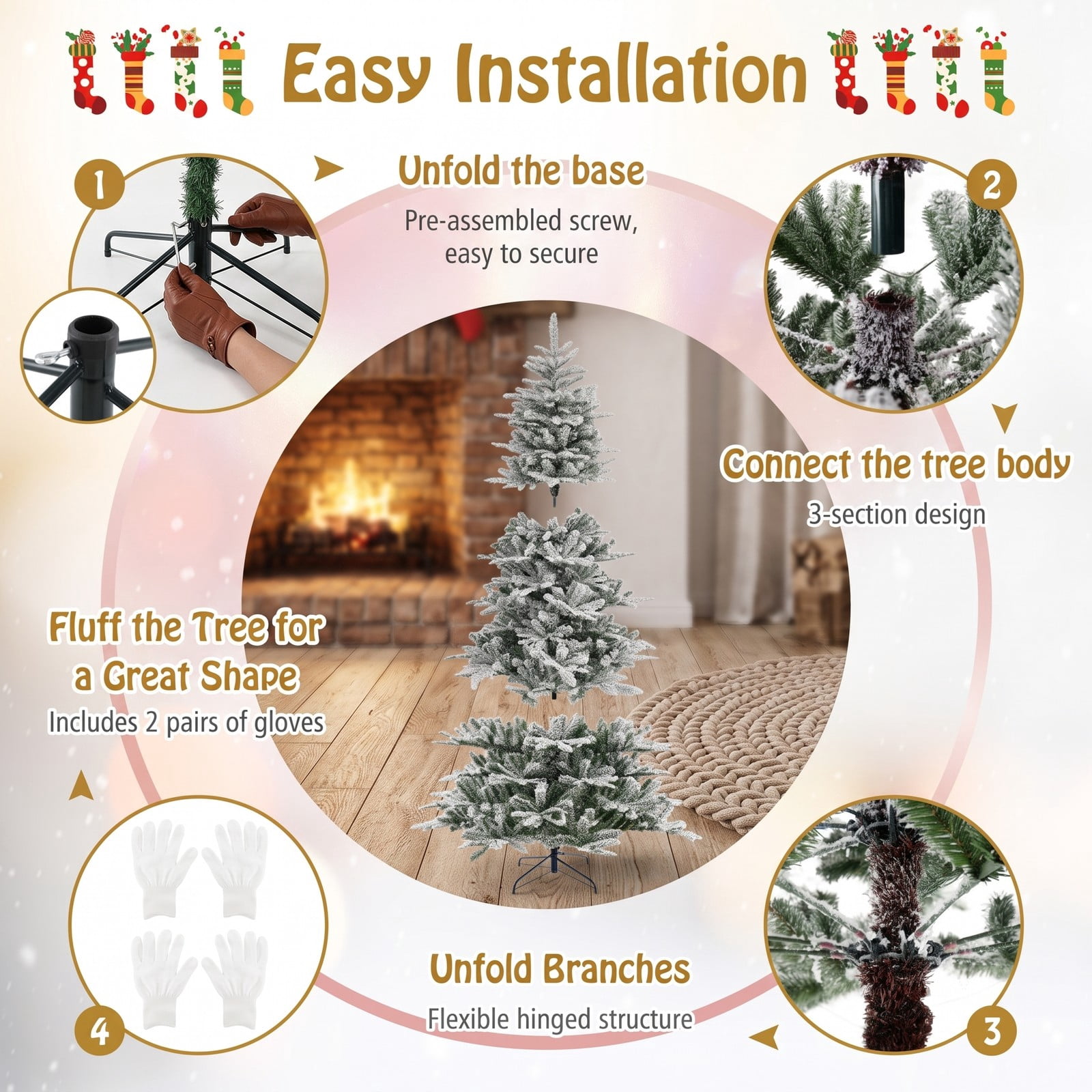 RUIE 8FT Snow Flocked Artificial Christmas Tree, Pre-Lit 800 Cool White LED Lights with Remote, Timer & Hinged Branches, Tall Holiday Tree, Green & White