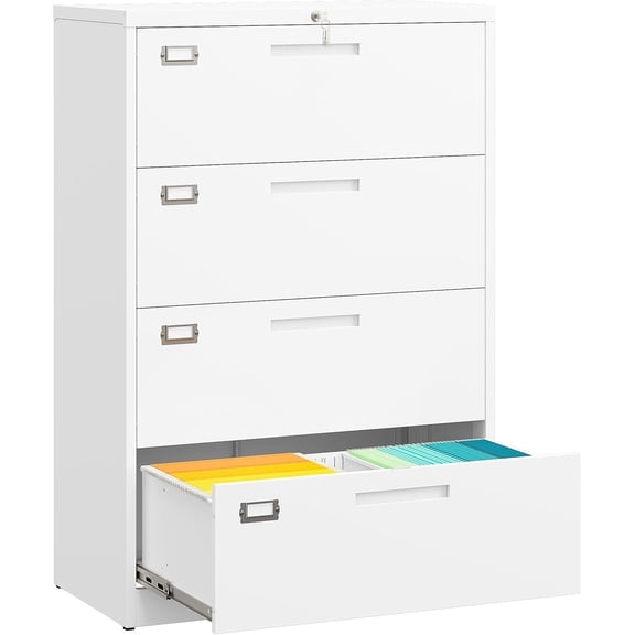 SISESOL 4 Drawer Lateral File Cabinet with Lock,White Lateral Filing Cabinet,Horizontal Metal Filing Cabinets,Locked Wide Four Drawer File Cabinets for Office Home,Fit A4/F4/Letter/Legal File