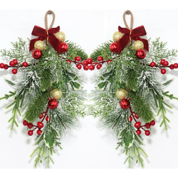 14.96"Artificial Christmas Teardrop Wreath,Bexikou 2 Pcs Christmas Swag Outdoor,Christmas Garland with Red Berry & Pine Cones Decor for Xmas Front Door Wall Window Hanging Decor