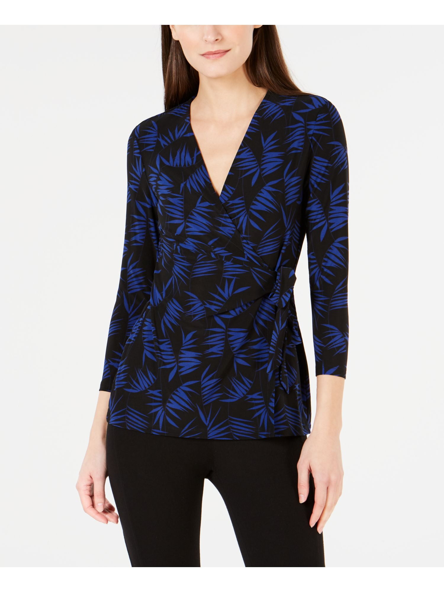 Anne Klein ANNE KLEIN Womens Black Printed 3/4 Sleeve V Neck Faux