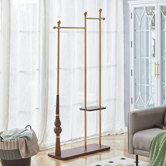 70 inch industrial windbreaker rack | High end solid wood&gold stainless steel double-layer hanging rack | Multi purpose retro clothing rack | Suitable for jackets, hats, handbags, shoes