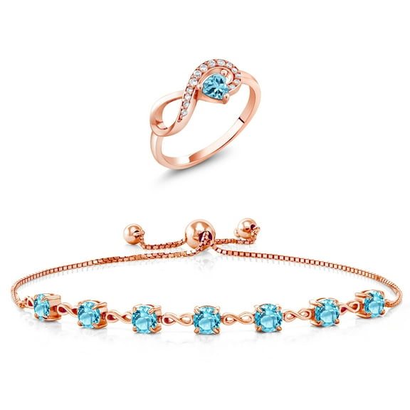 Gem Stone King 18K Rose Gold Plated Silver Swiss Blue Topaz Ring and Bracelet Jewelry Set for Women | 4.00 Cttw | Gemstone November Birthstone | Heart Shape 4MM | Round 4.5MM | Size 5