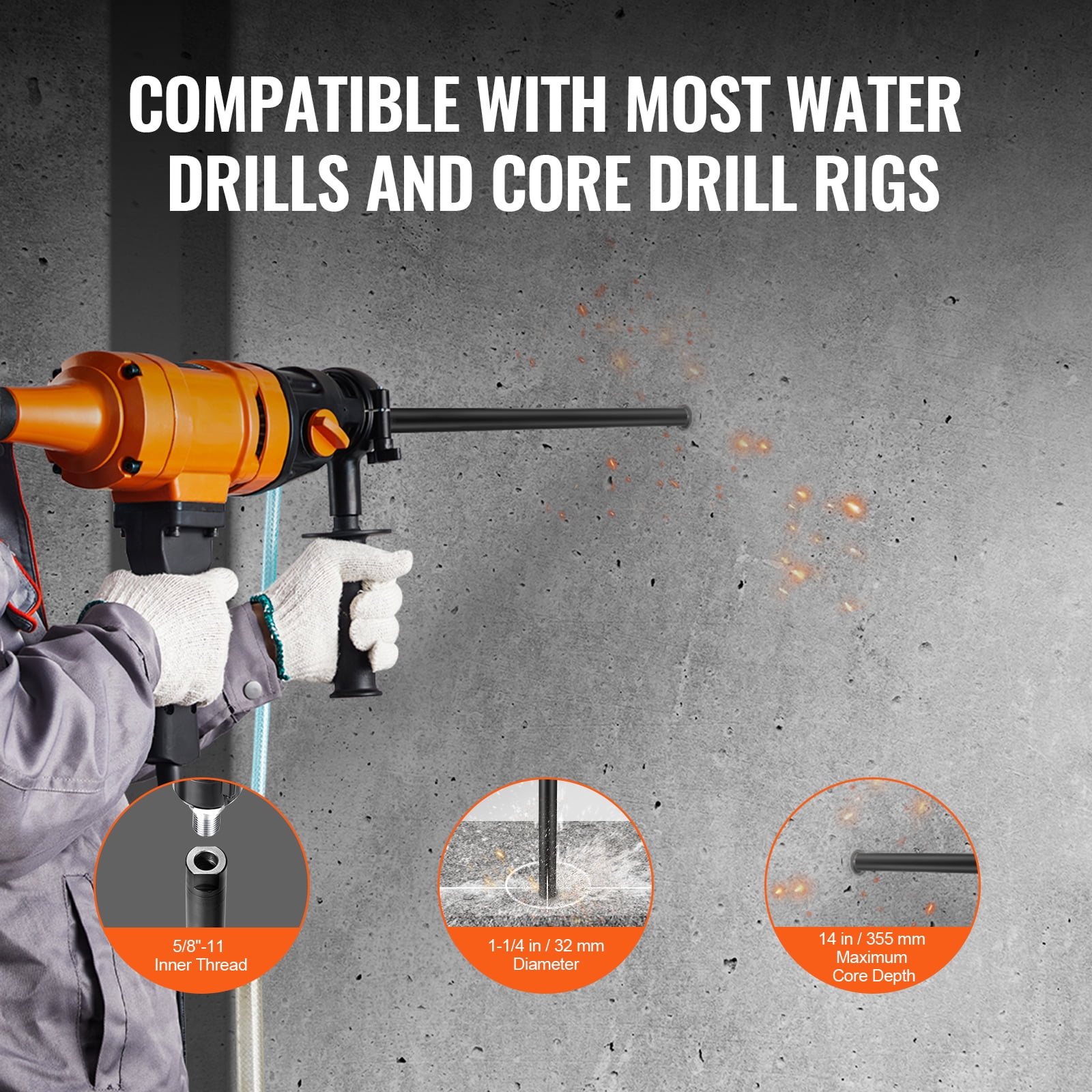 KFFKFF Diamond Core Drill Bit, 1-1/4" Diamond Wet Core Drilling Bits, 14" Penetration Depth Concrete Core Drilling Bit, 5/8"-11 Inner Thread, Utilizes Laser Welding, Diamond Wet Coring Bit