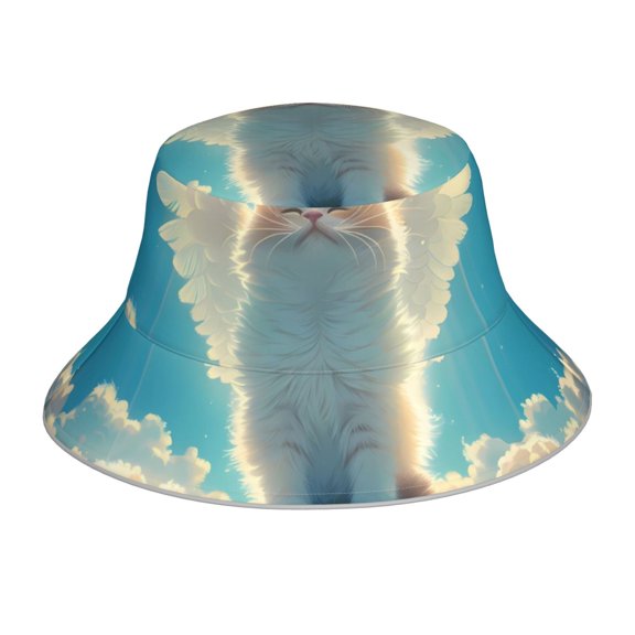 Yiaed Sunshine Cute Winged Cat Print Reflective Stripe Bucket Hat Unisex Funny Outdoor Fisherman Cap Beach Sun Hat