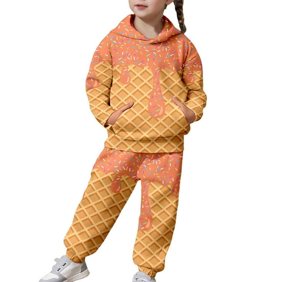 ANINEO Child Girls Two Piece Outfits Fashion Casual Ice Cream Print Hooded Long Sleeve Tops Pants For Big Kids Youth With Soft Comfort Fit Trendy Clothes Sets