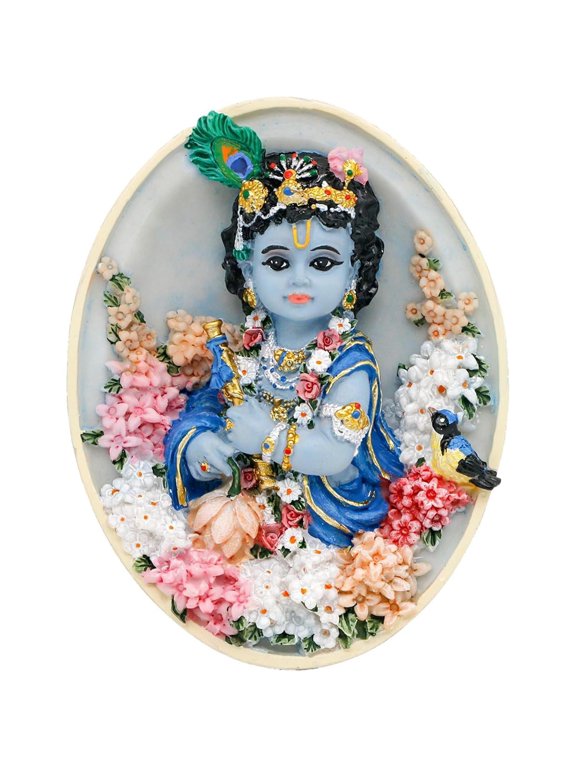 Oval-Shape Krishna Wall Hanging - 4.6H Hindu God Lord Baby Krishna Idol with Flute Flowers Indian Polystone Murti Pooja Figurine Home Office Altar Mandir Temple Puja Decor
