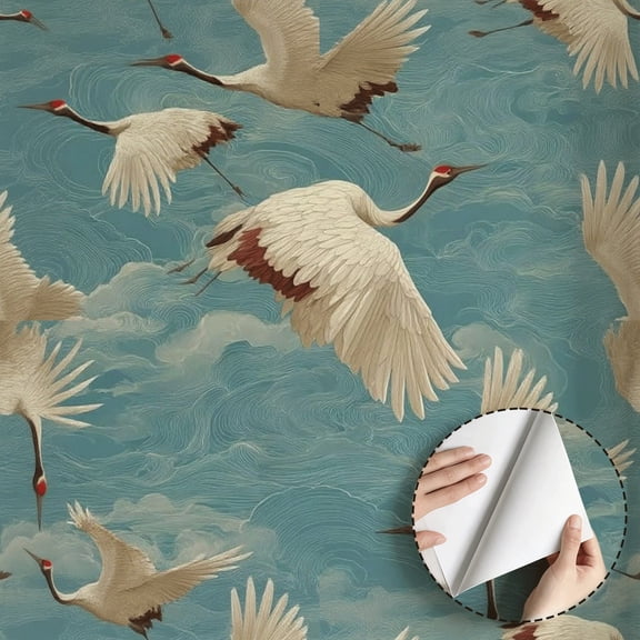 Vintage Chinese Flying Red-Crowned Crane Wallpaper Modern Peel and Stick Wallpaper Waterproof Wall Decor for Bedroom Living Room Bathroom Dorm Room Rental Property 17.7 * 118 in