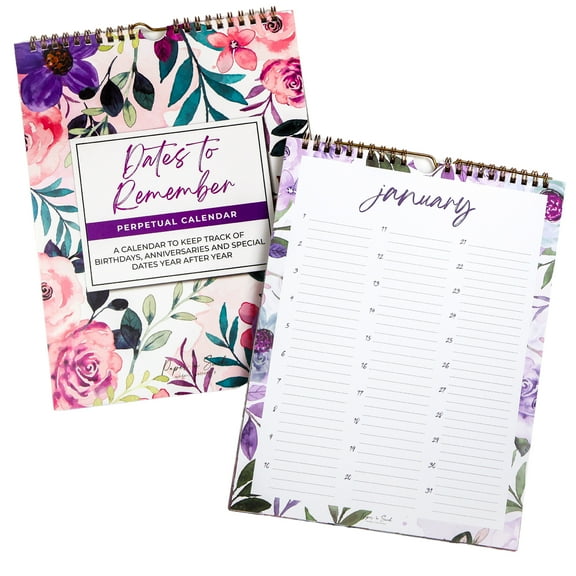 Floral Perpetual Calendar - Extra Large with 3 Lines Per Day - Dates to Remember Wall Calendar - 8.5x11"