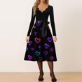 thumbnail image 2 of Valentines Day Dress Women V-Neck Long Sleeve A-Line Tie Bow Love Heart Printed Dresses Vintage Cosplay Party Dress Black XL, 2 of 5