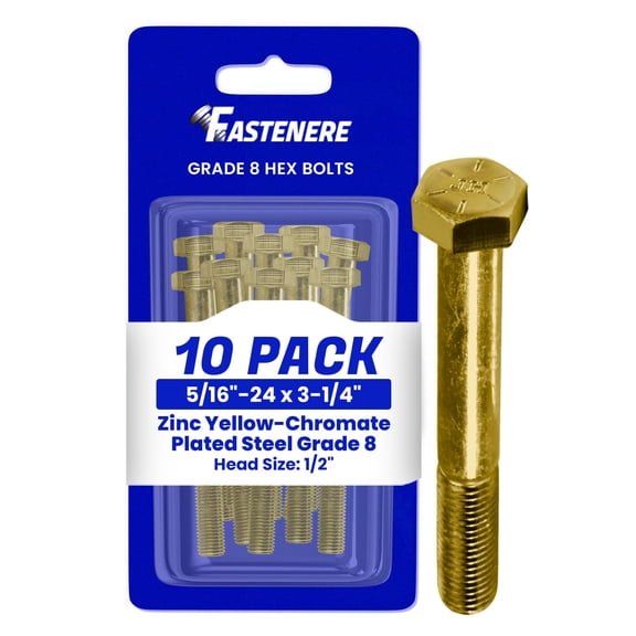 Fastenere 5/16"-24 x 3-1/4" Hex Bolts Grade 8 Zinc Yellow-Chromate Plated Steel, Partial Threaded Durable Hex Bolts for Machinery & Construction, Rust-Resistant, Heavy-Duty Fasteners, Pack of 10