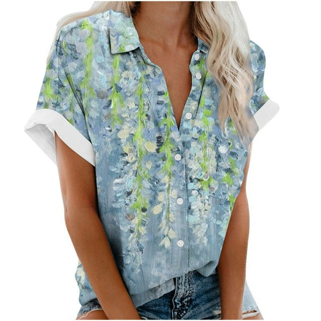 CEHVOM Chemisier Décontracté à Revers pour Femme, Manches Courtes, Imprimé, Chemise Ample, Hauts, Boutons, Cardigan, Liquidation