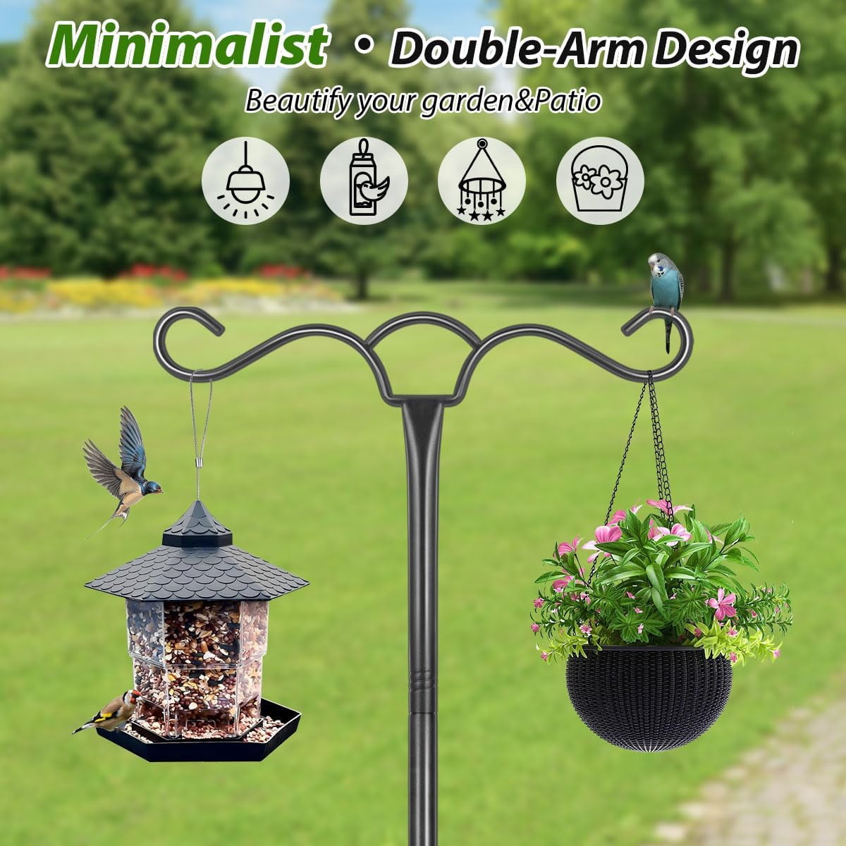 KOLAKO Bird Feeding Station, 197cm Free Standing Bird Feeder Poles Hangers, Metal Heavy Duty Double Shepherds Hook for Garden Lanterns, Light, Black