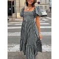 thumbnail image 4 of Black And White Plaid Square Neck Puff Sleeve Tiered Midi Dress For Women, 4 of 6