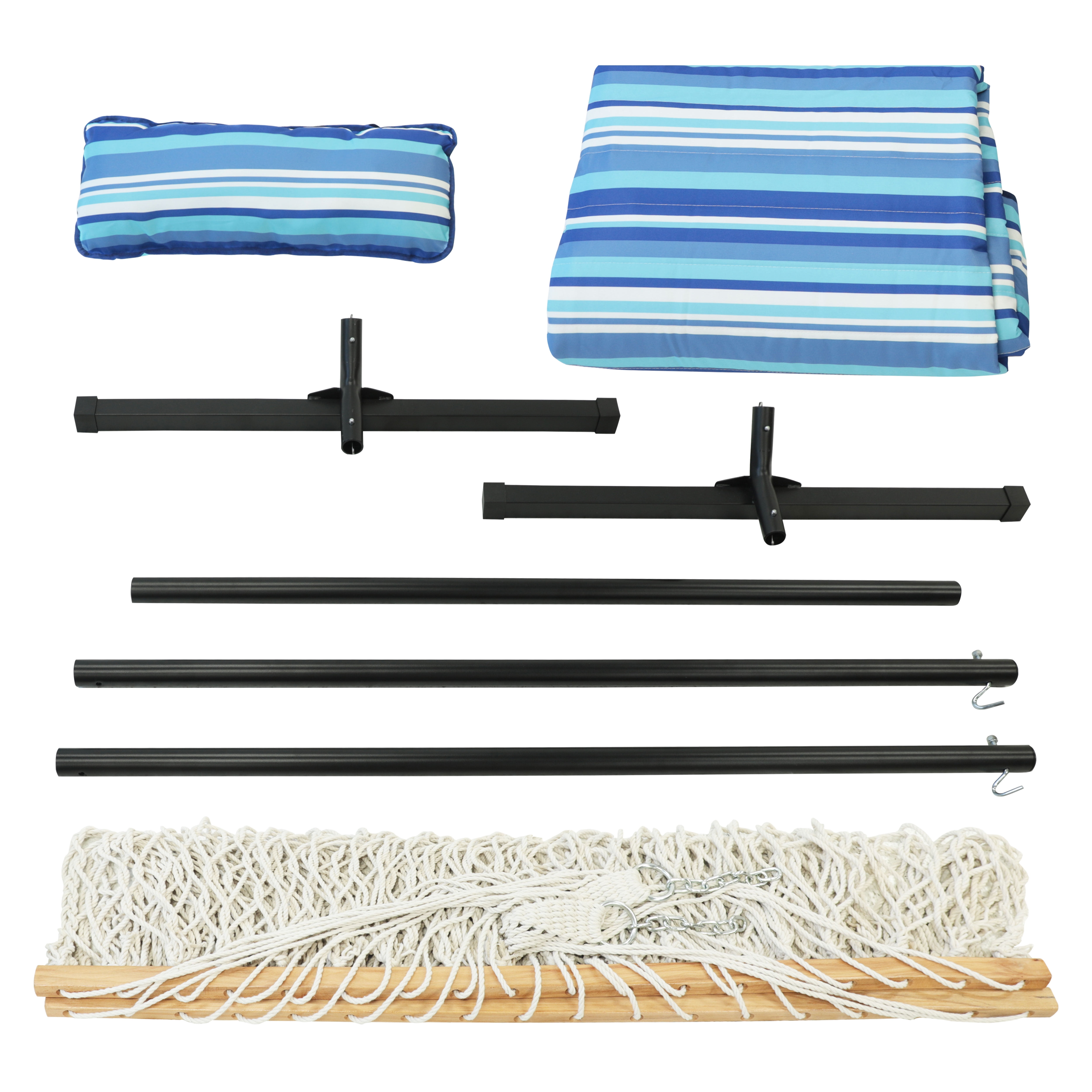 VEIKOUS 2 Person Portable Double Hammock w/Steel Stand w/Pillow and Spreader Bars, Striped Blue