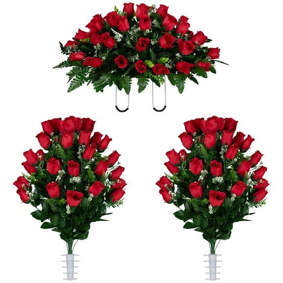 Sympathy Silks Artificial Cemetery Flowers - Red Rose Buds Two Bouquets & Saddle For Outdoor Memorials