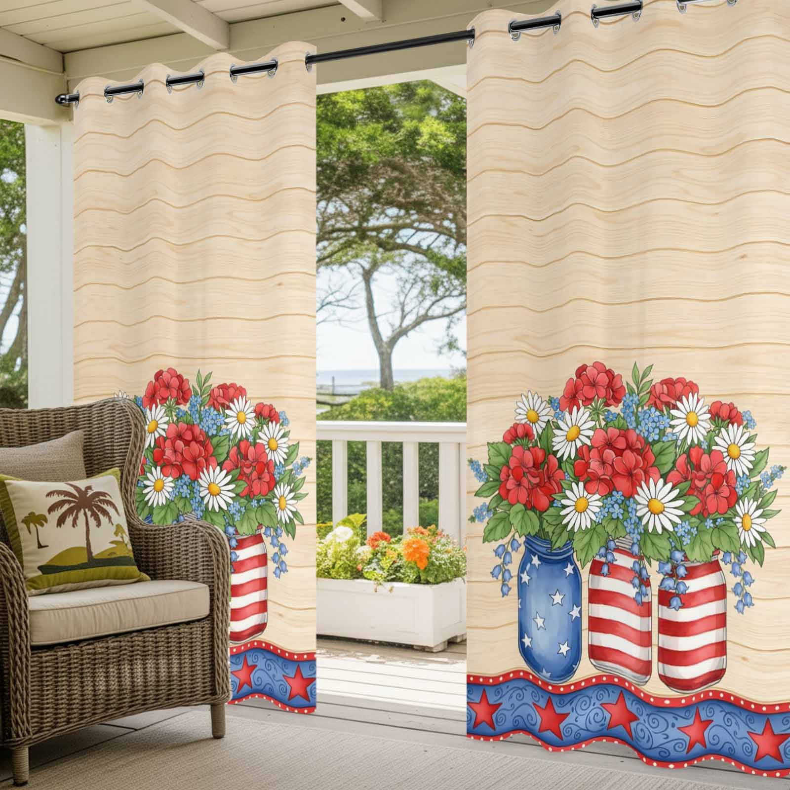 Independence Day Outdoor Curtains for Patio, Red Blue Floral Vase Star Heart Wood Grain Sunshade Privacy Drapes Grommet Waterproof Outside Curtains for Porch/Cabana/Balcony 54"x 108", 1 Panel