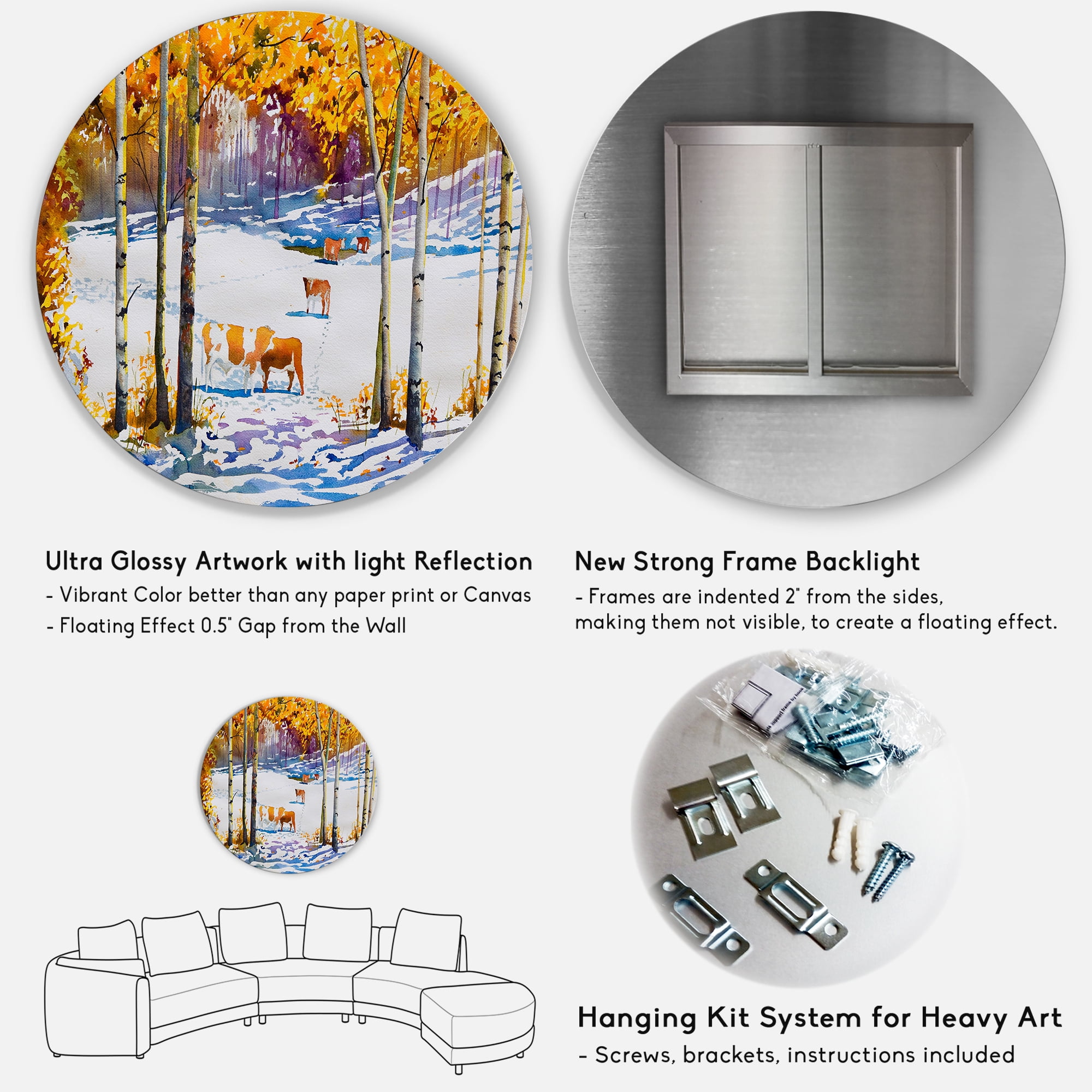 Designart 'Cattles In The Early Snow In The Tree Forest' Farmhouse Circle Metal Wall Art 36x36 - Disc of 36