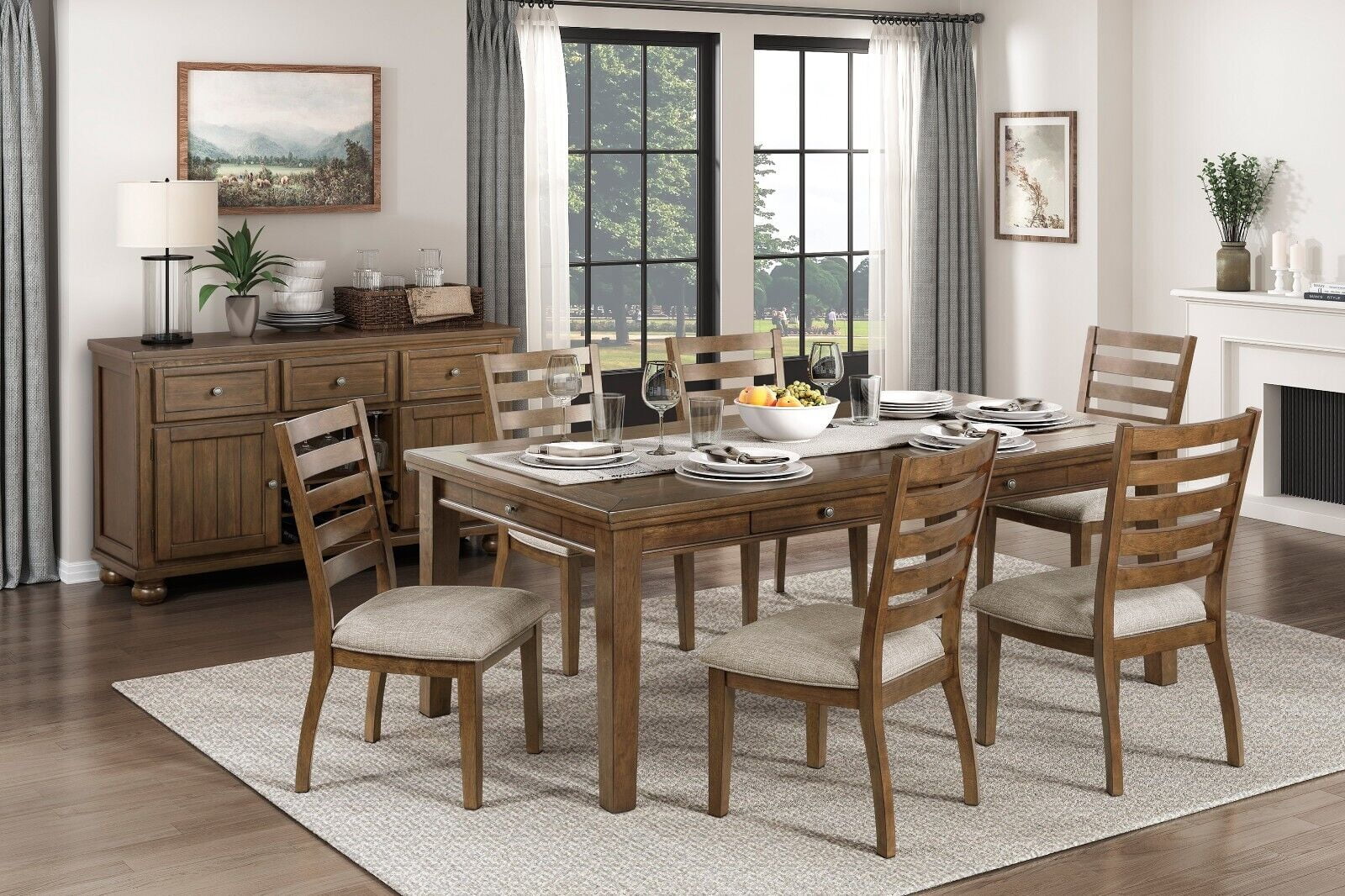Traditional Cherry Finish 7pc Dining Table Set Wooden Chairs 6x Drawers ...