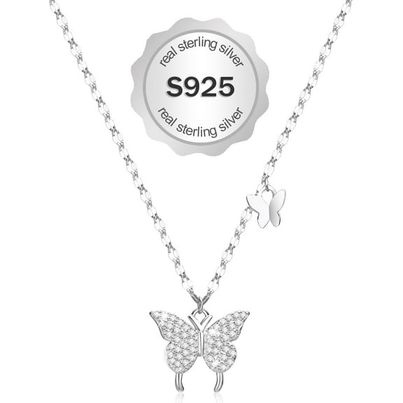 Butterfly Necklace for Women, 925 Sterling Silver Dainty Double Butterfly Pendant Necklace with Cubic Zirconia, Cute Choker Necklaces Jewelry Gifts for Women Mom Friends Grandma
