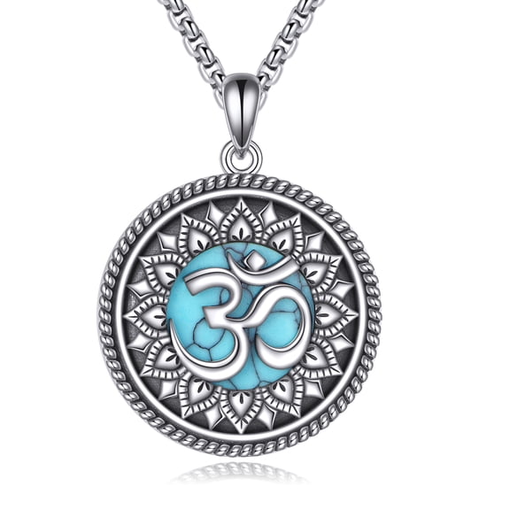 Om Necklace Sterling Silver Blue Turquoise Om Symbol Lotus Flower Pendant Meditation Jewelry Gifts for Women