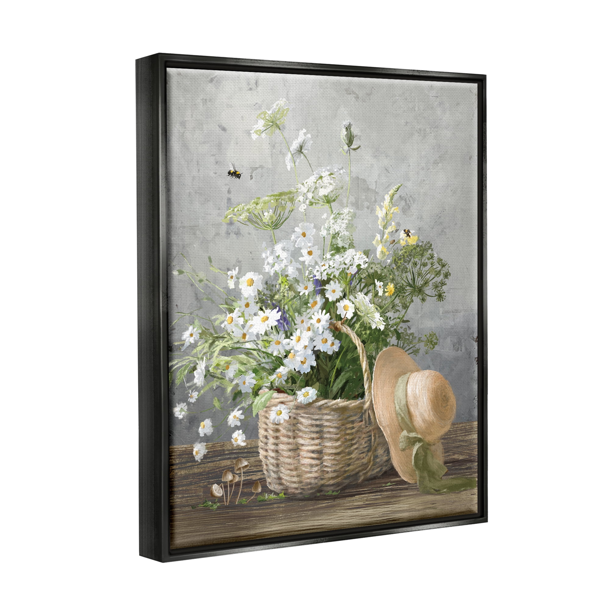 Stupell Industries Country Daisy Basket Botanical & Floral Painting Black Floater Framed Canvas Art Print Wall Art, 25 x 31