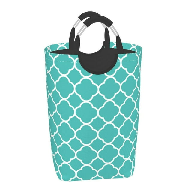 Waterproof Collapsible Laundry Hamper, Green Quatrefoil Pattern Aluminum Handle Laundry Bag Storage Basket, 50L