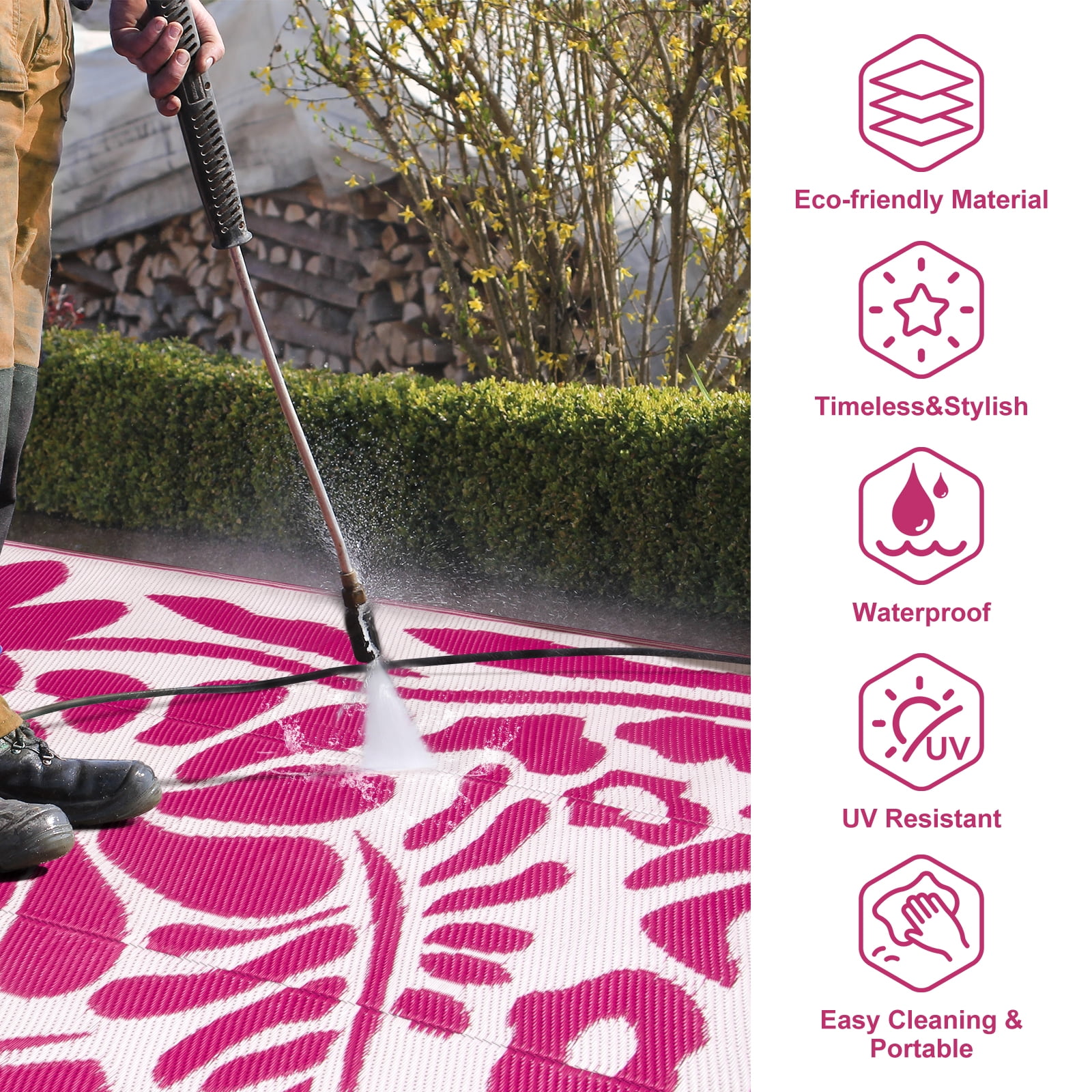 Wonnitar 5x8 Waterproof Outdoor Rugs, Plastic Straw RV Rug for Outside, Portable RV Outdoor Rugs for Camping, Pink Floral Picnic Carpet for Patio Garden