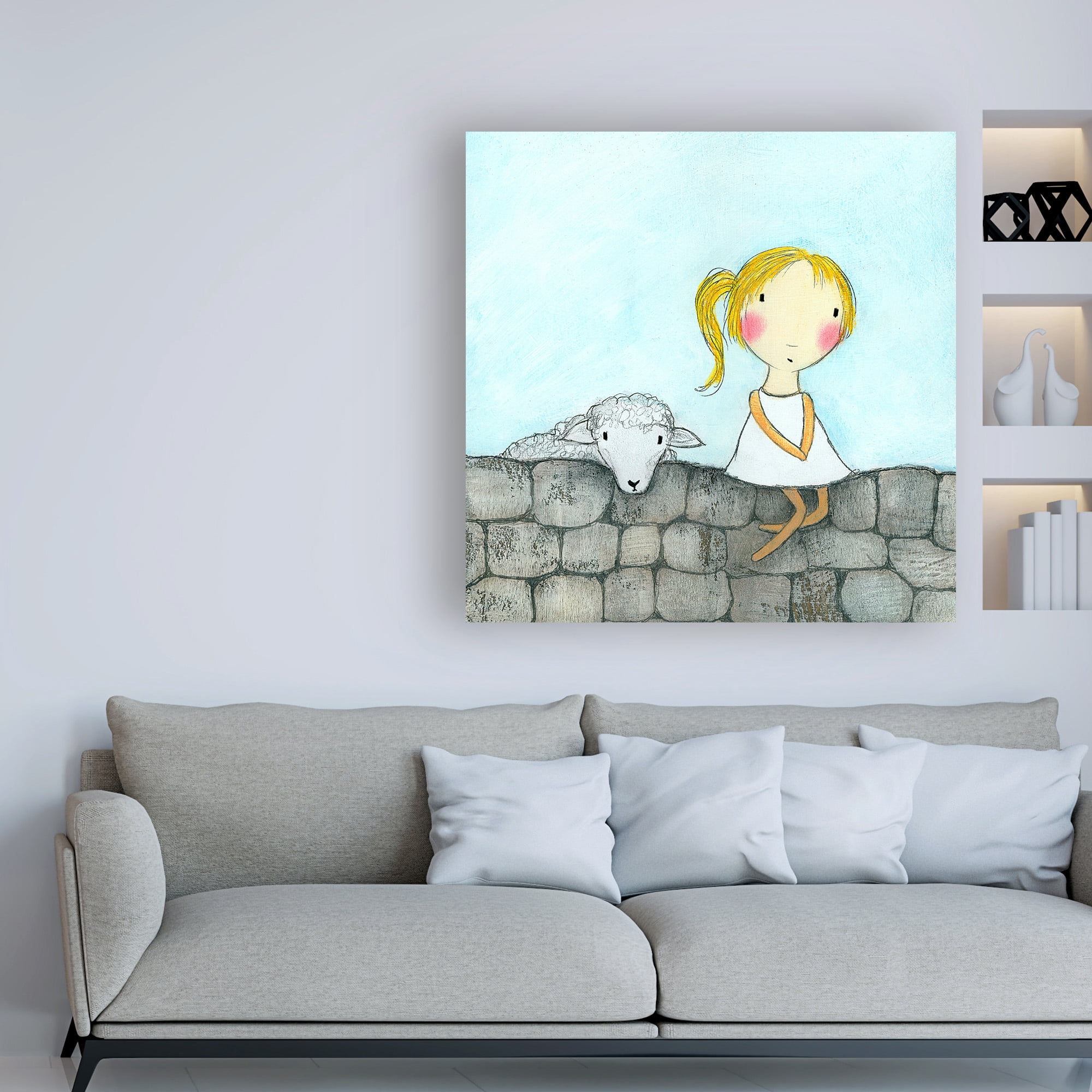 Trademark Fine Art 'Girl with Lamb Stone Wall' Canvas Art by Carla Sonheim
