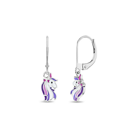 Rainbow Unicorn Dangle Children's / Girls Earrings Lever Back - Sterling Silver