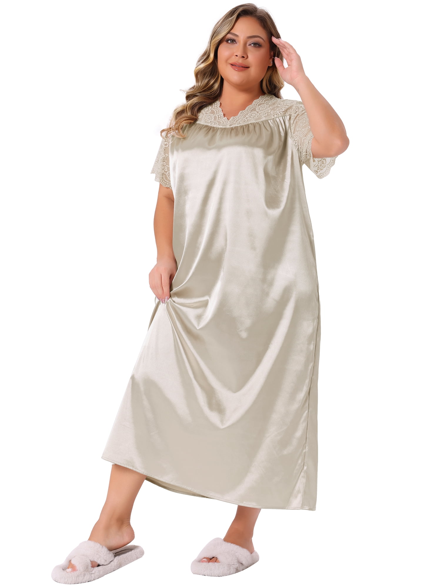 DARING DIVA Women's Plus Size Satin Short Sleeve Maxi  Nightgown 3X Champagne