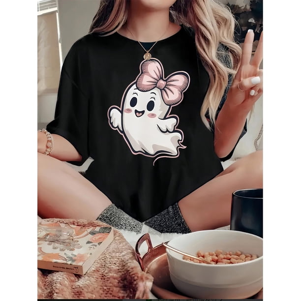 Women's Cute with Bow Graphic T-Shirt - Casual Round Neck, Short Sleeve, Comfortable Polyester Blend, Machine Washable Summer Top
