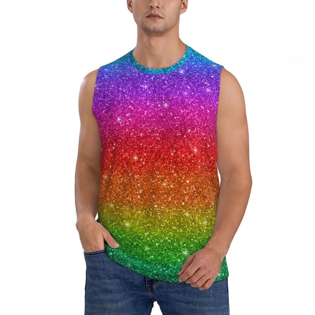 Balery Rainbow Glitter Camisetas sin mangas para hombre, absorbe la humedad y protege contra el mal olor.-X-Large
