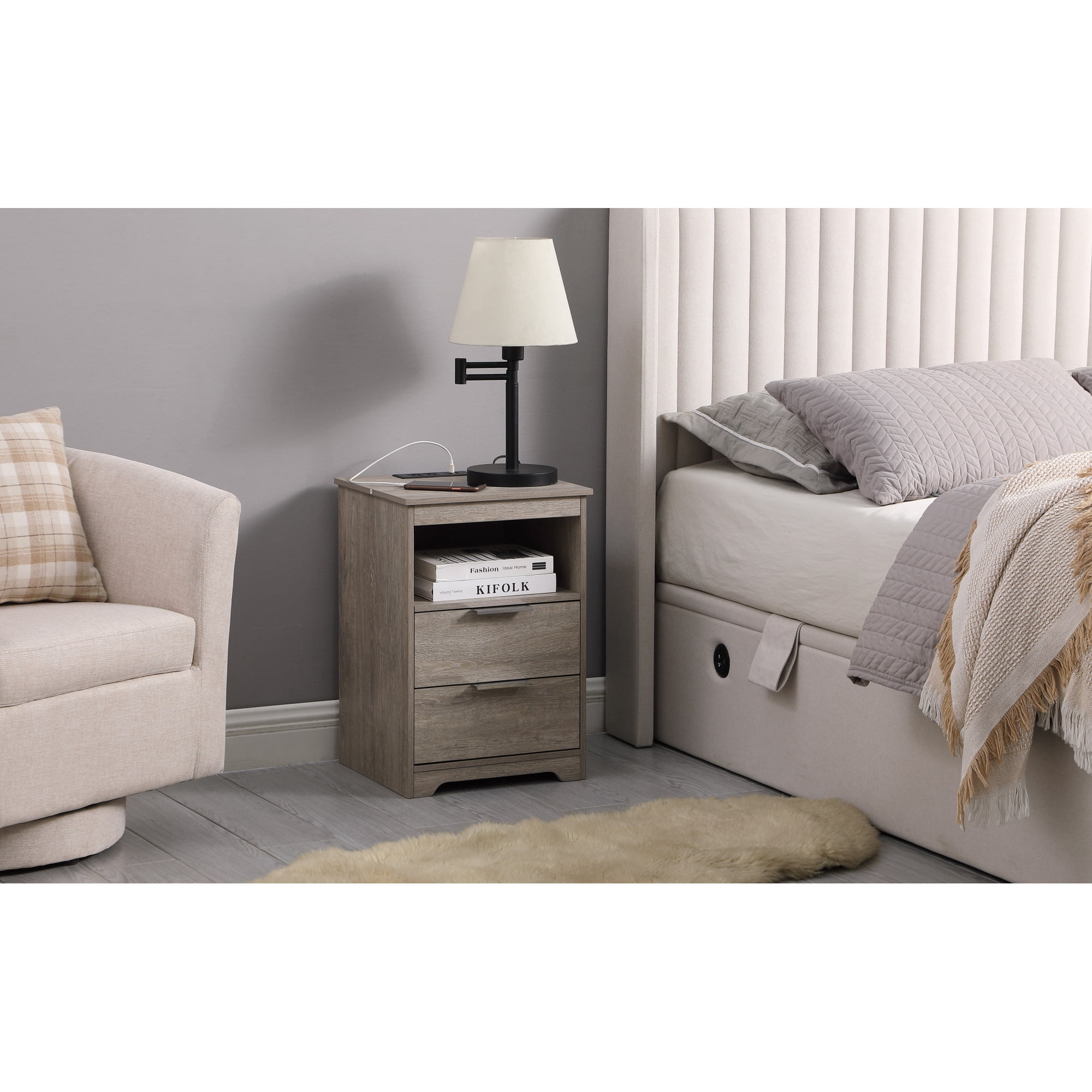 2 Drawer Small Nightstand with Charging Station,Wooden End Table with Drawer and Opening Shelf,Side Table for Bedroom Living Room Dorm Office,Gray
