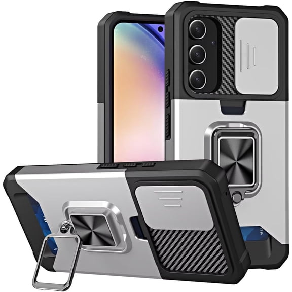 Case for Galaxy S24 FE,Military Grade TPU PC [Built-in Magnetic Kickstand] Dual-Layer Design Card Slot Heavy Duty Shockproof Protection Phone Case for Samsung Galaxy S24 FE 5G,2024 (Silver)