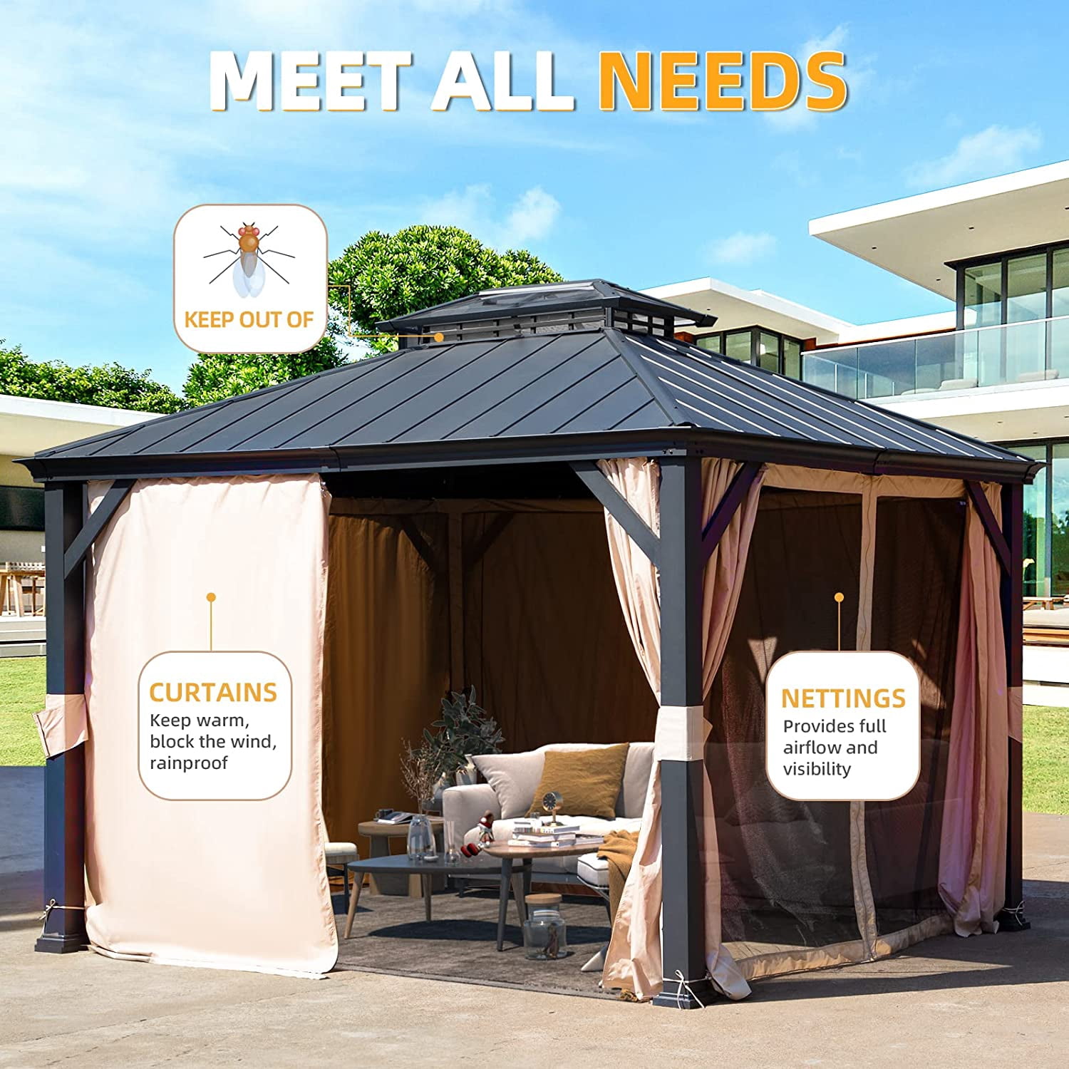 Hommow 12'x10' Hardtop Gazebo with Acrylic & Galvanized Steel Roof for Garden, Patio, Lawns