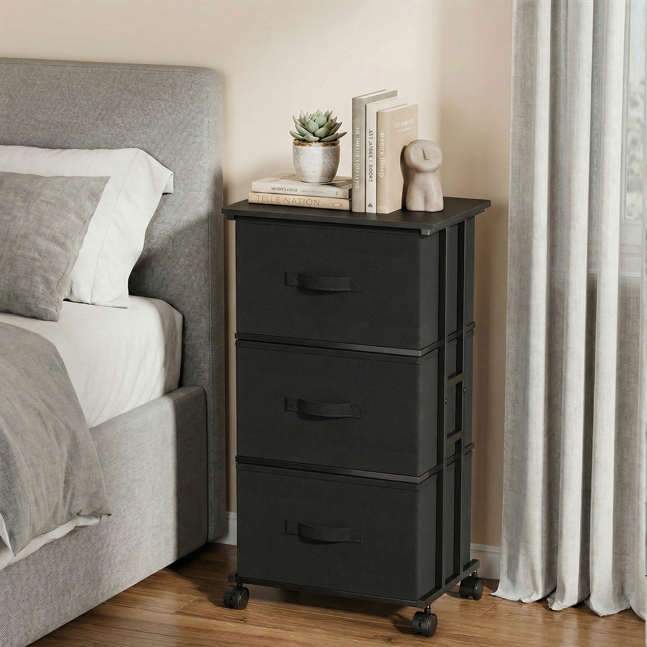 CONCETTA Dresser Storage with 3 Drawers, Storage with Wheels for Bedroom, Home Office, Black