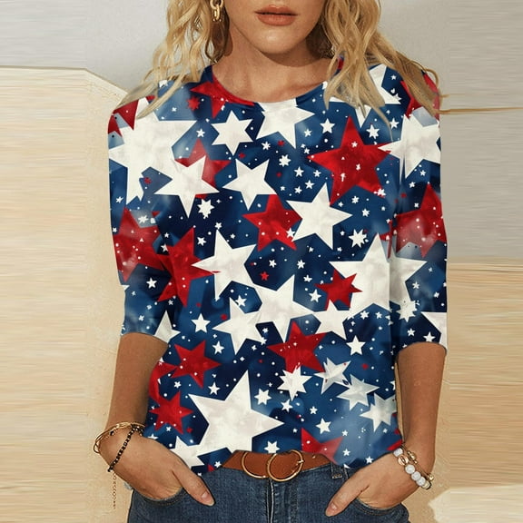 Cavosen Red White and Blue Tops for Women Petite 4th of July 3/4 Sleeve Crew Neck Tops USA Star Striped Print T Shirts Lady XL Red White and Blue Casual Tops Patriotic Tunic Tees Patriotic Clothes