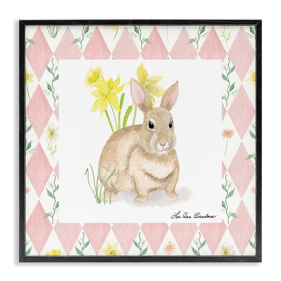 Bunny on Pink Argyle Black Framed Giclee Art, design by Lee Ann Sanders