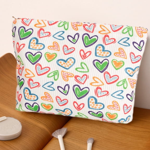 Deeceymbur Makeup Bag Portable Cosmetic Travel Organizer Corduroy Small Storage Pouch Lipstick Toiletries 10.6x7.1 Inches Floral Heart Print