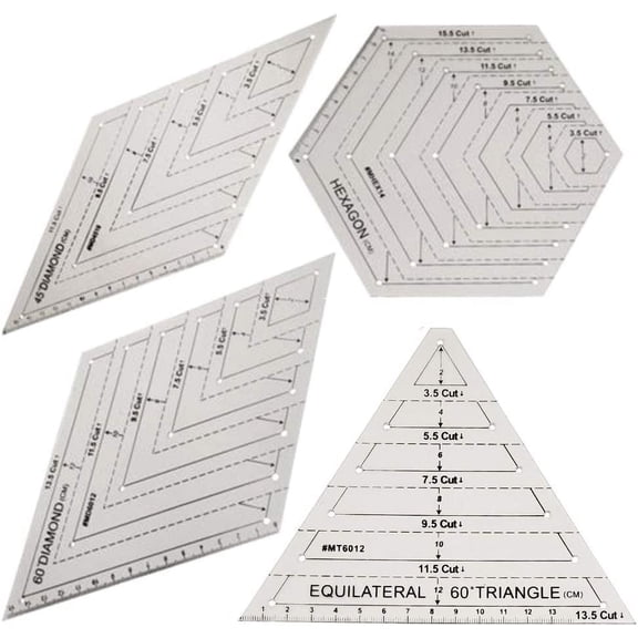 4Pcs Quilting Ruler, with 60 Degree Triangle and Diamond, 45 Degree Diamond, Hexagon Shape Templates, Transparent Patchwork Sewing Cutting Craft Ruler DIY Tools
