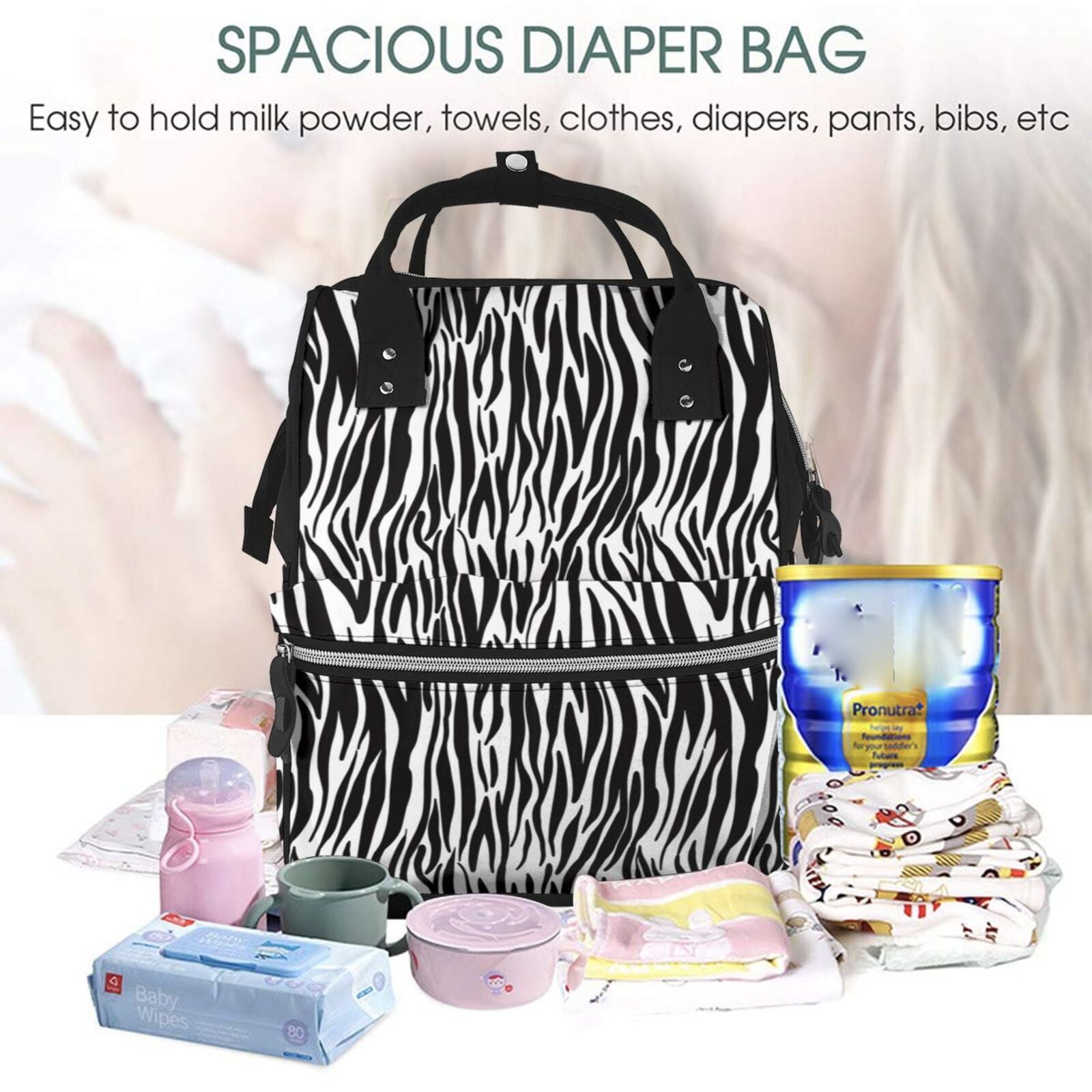 Ratiio Zebra Mummy Backpack - Waterproof Twill Canvas, Large Capacity Diaper Bag with Multiple Pockets and Adjustable Straps
