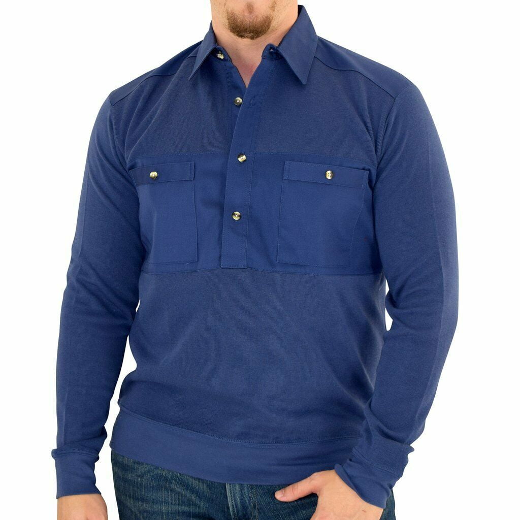 Mens Banded Bottom Long Sleeve Solid Knit Shirt Woven Chest Panel in 9