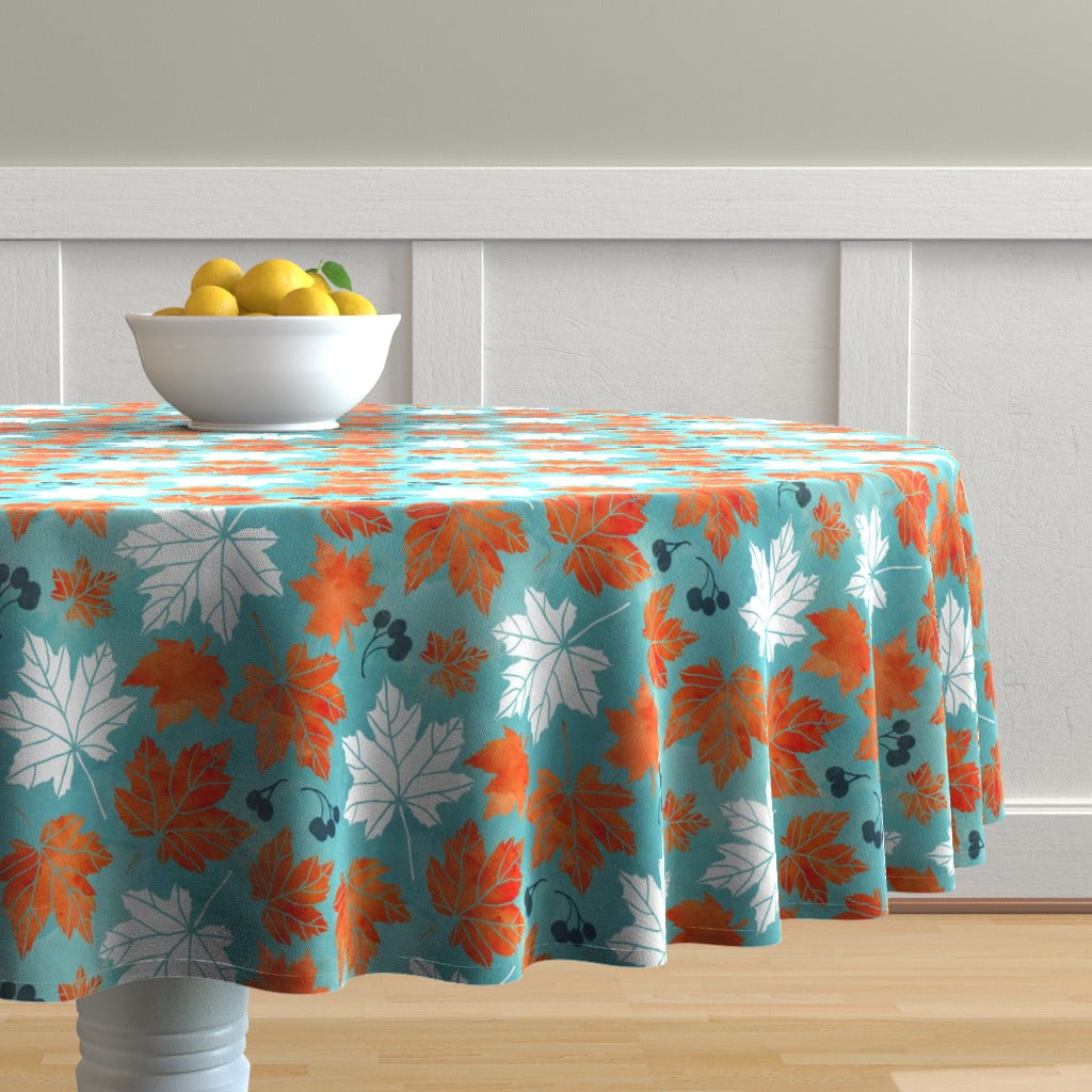 Round Tablecloth Rustic Fall Leaves Orange Blue Turquoise Cotton Sateen