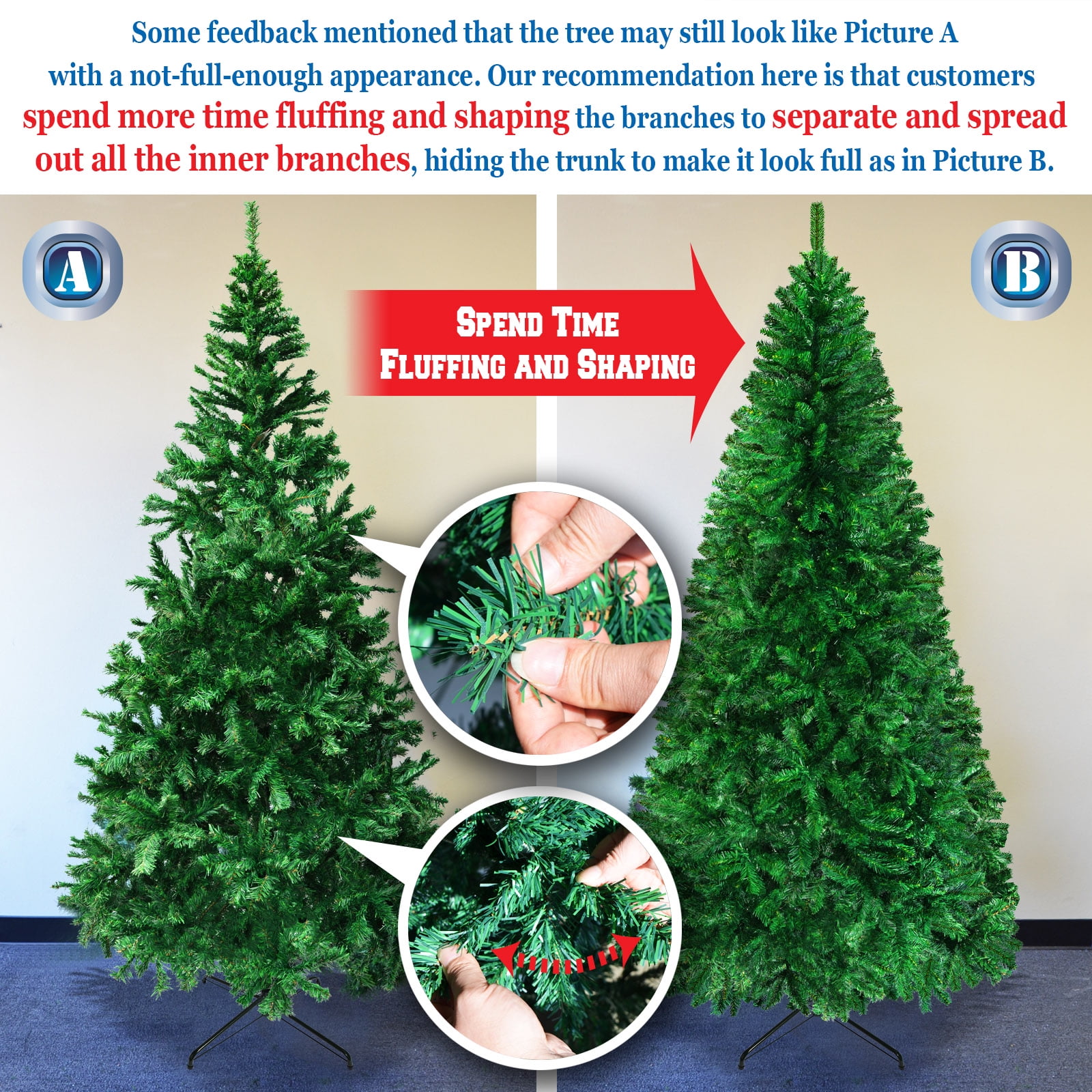 Sunrise 4 Sizes Artificial Christmas Tree w/Metal Stand,Easy Assembly, Green (7 Ft)