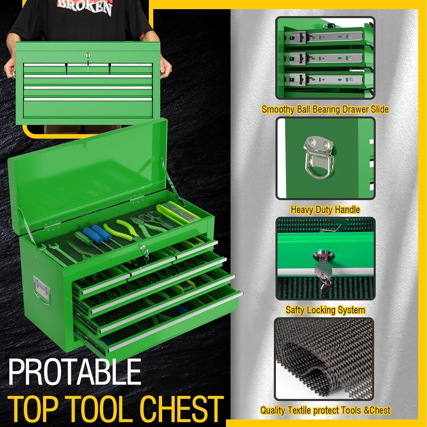 Odaof, 54 lb, 24.4" Cold Rolled Steel 8-Drawer Rolling Tool Chest Green