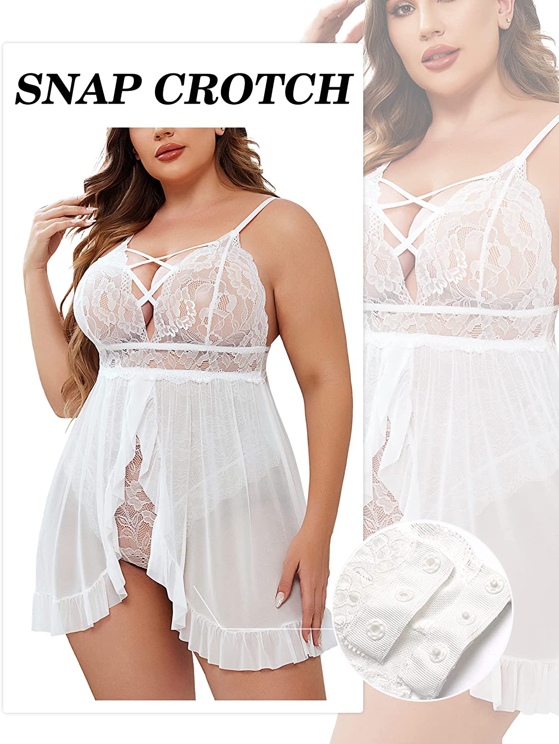 Avidlove Women Plus Size Lingerie Snap Crotch Babydoll Sexy Curvy Strappy  Ruffle Lace Chemise(WhiteL)