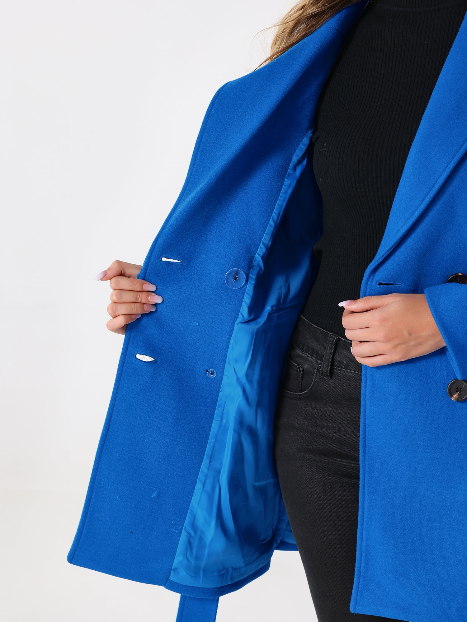 DARING DIVA Women's Notched Lapel Double Breasted Belted Trench Coat Blue S