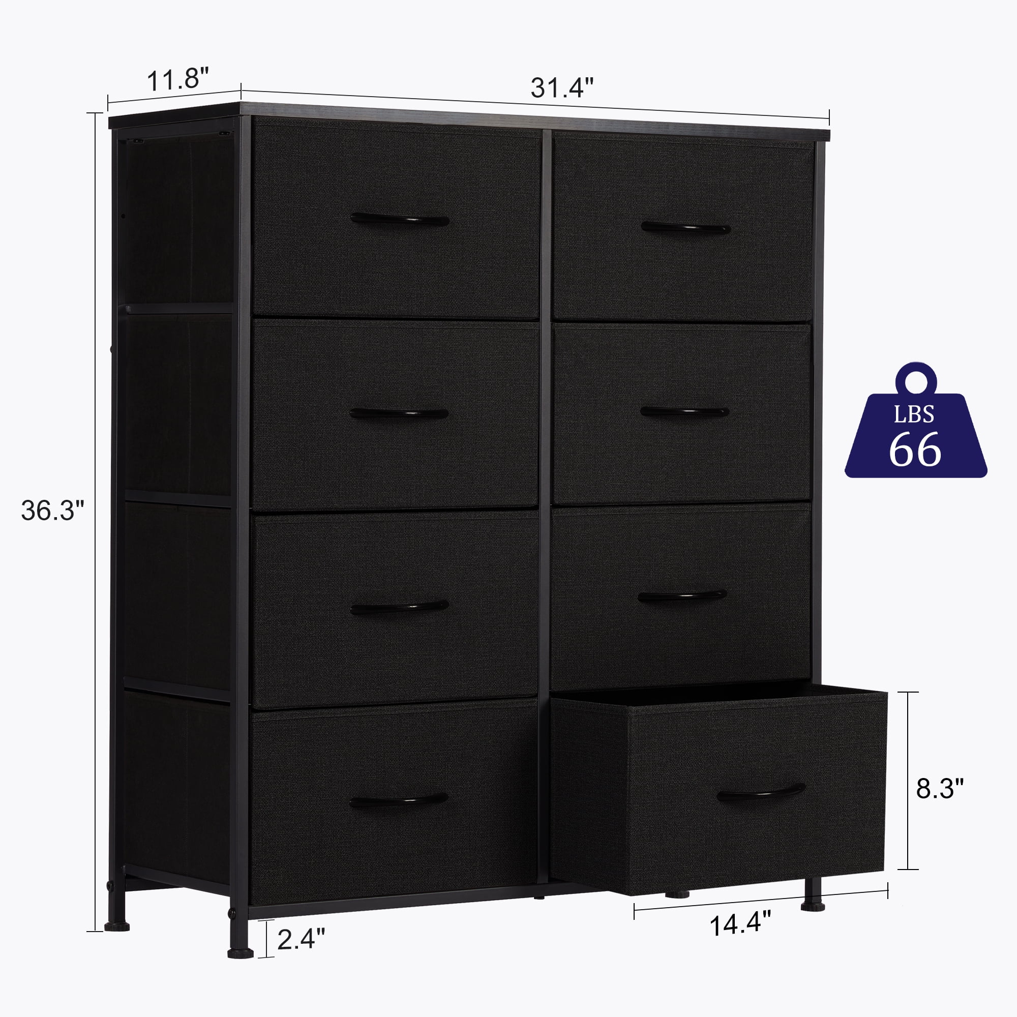 EDX Fabric Dresser for Bedroom, Tall Dresser with 8 Drawers, Metal Frame, Wood Tabletop, Black
